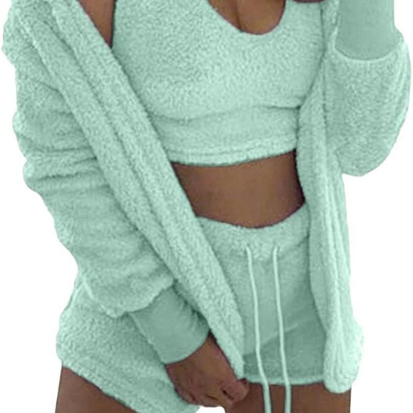 Intimates & Sleepwear Famnbro Womens Sexy Fuzzy 3 Piece Outfits Fleece Warm Hooded Cardigan